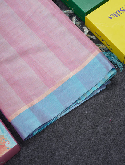 Beautiful Sea Blue Semi Tussar Fancy Saree With Contrast Sky Blue Border