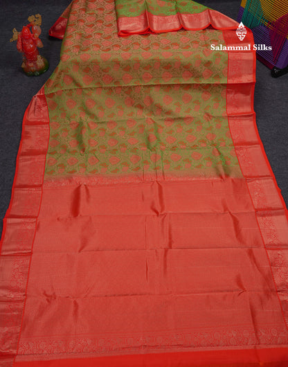 Beautiful Dual Tone Green Bridal Pure Kanjivaram Silk Saree With Contrast Redish Orange Traditional Border