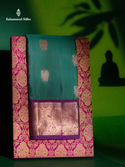 Beautiful Dual Tone Green Pure Kanjivaram Silk Saree With Contrast Magenta Traditional Border