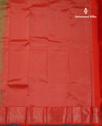 Beautiful Dual Tone Green Bridal Pure Kanjivaram Silk Saree With Contrast Redish Orange Traditional Border