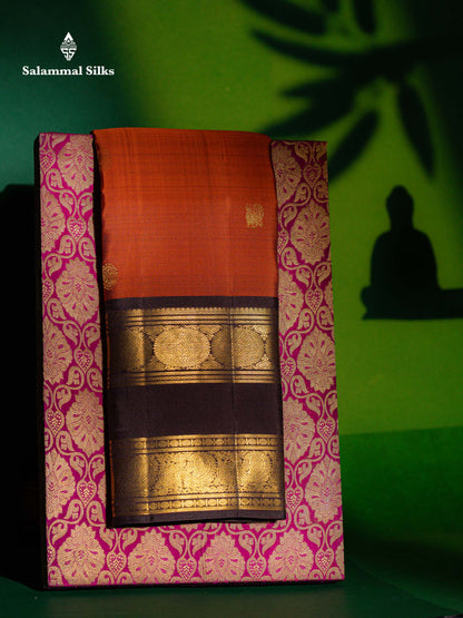Beautiful Rust Orange Peacock & Chakaram Zari Butta Pure Kanjivaram Silk Saree With Contrast Dark Brown Traditional Gap Border