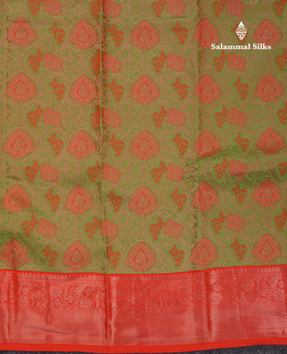 Beautiful Dual Tone Green Bridal Pure Kanjivaram Silk Saree With Contrast Redish Orange Traditional Border