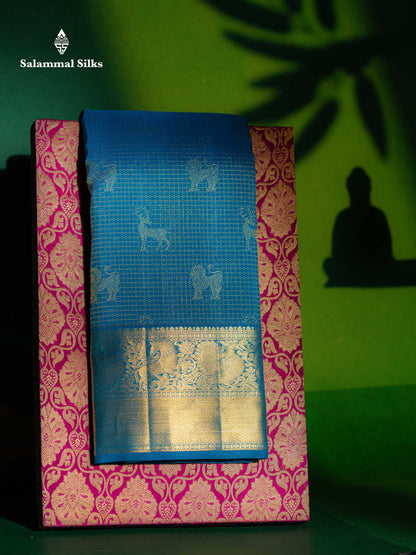 Beautiful Ramar Blue Small Zari Checks Pure Kanjivaram Silk Saree With Traditional Border