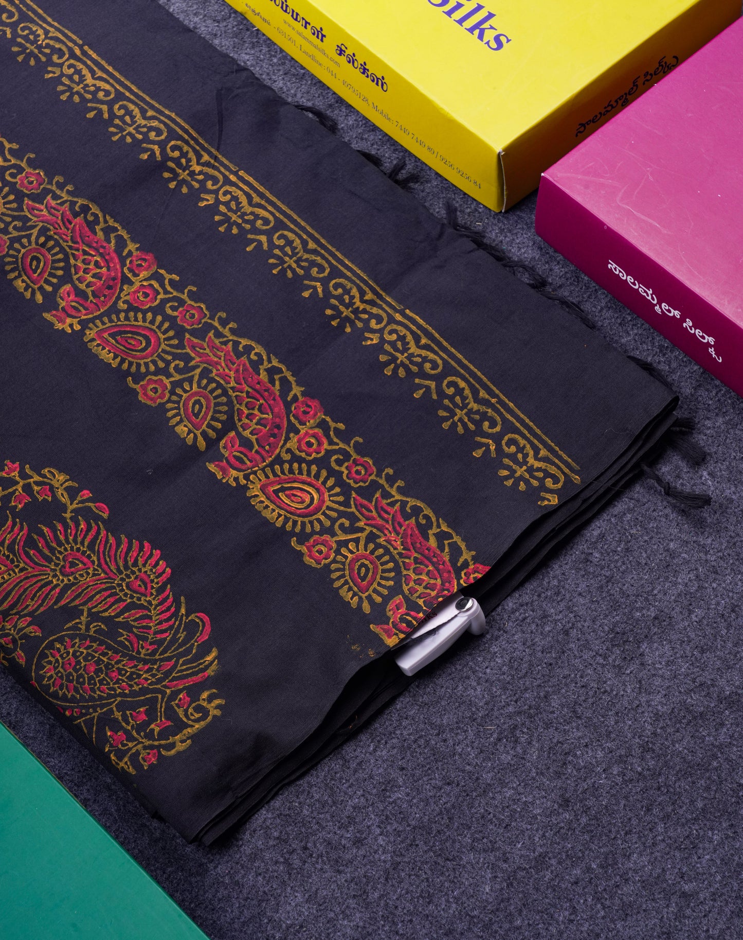 Beautiful Black South Cotton Printed Saree With Contrast Mustard Yellow Blouse