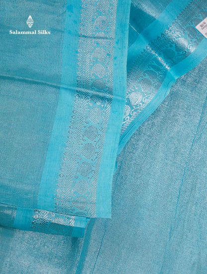 Stunning Pastel Violet Tissue Sungudi Cotton Saree With Small Traditional Silver Zari Border