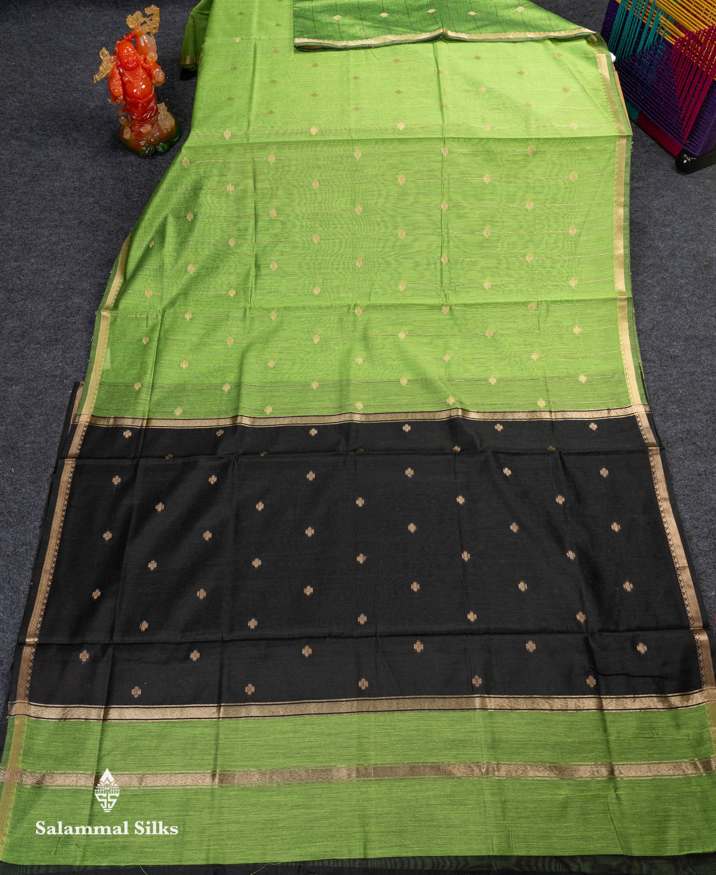 Beautiful Light Grey Stripes With Butta Maheshwar Cotton Saree With Contrast Black Blouse
