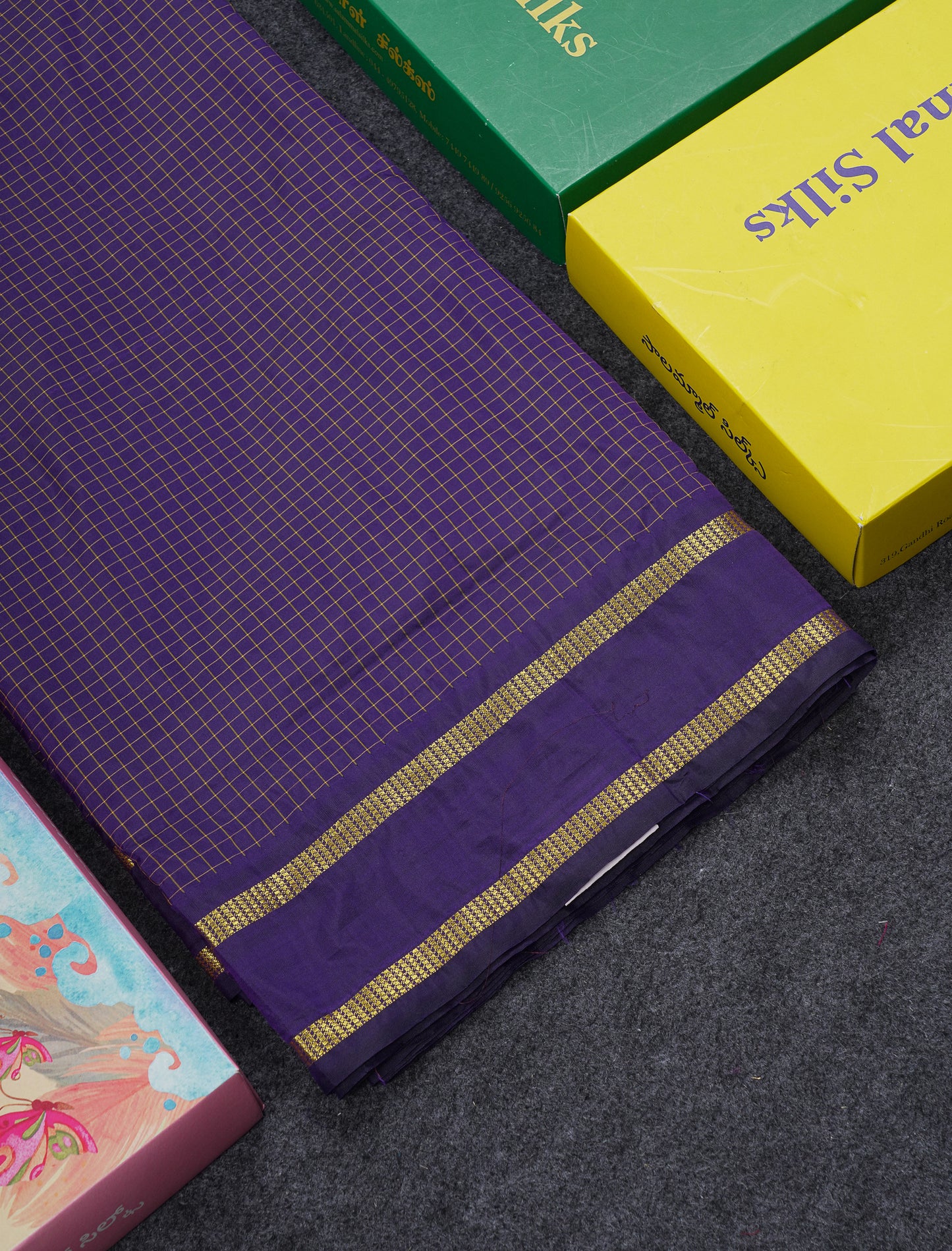 9 Yards Semi Silk Saree Dark Purple Checks With Traditional Gap Border