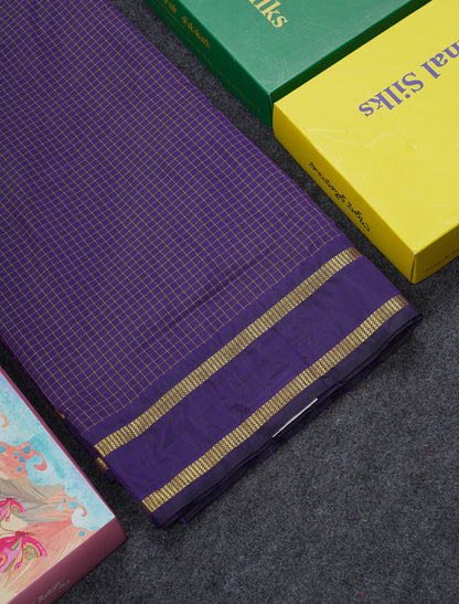 9 Yards Semi Silk Saree Dark Purple Checks With Traditional Gap Border