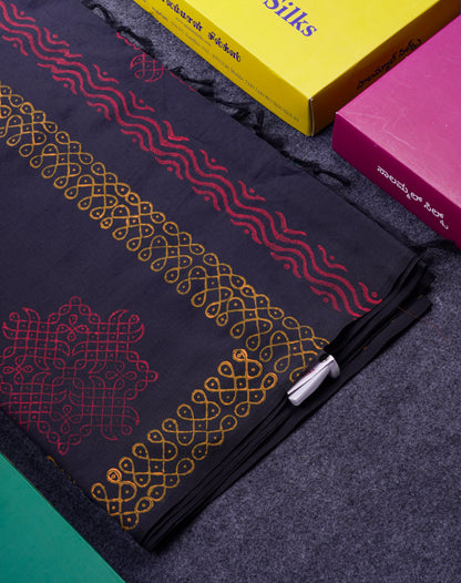 Beautiful Black South Cotton Printed Saree With Contrast Mustard Yellow Blouse