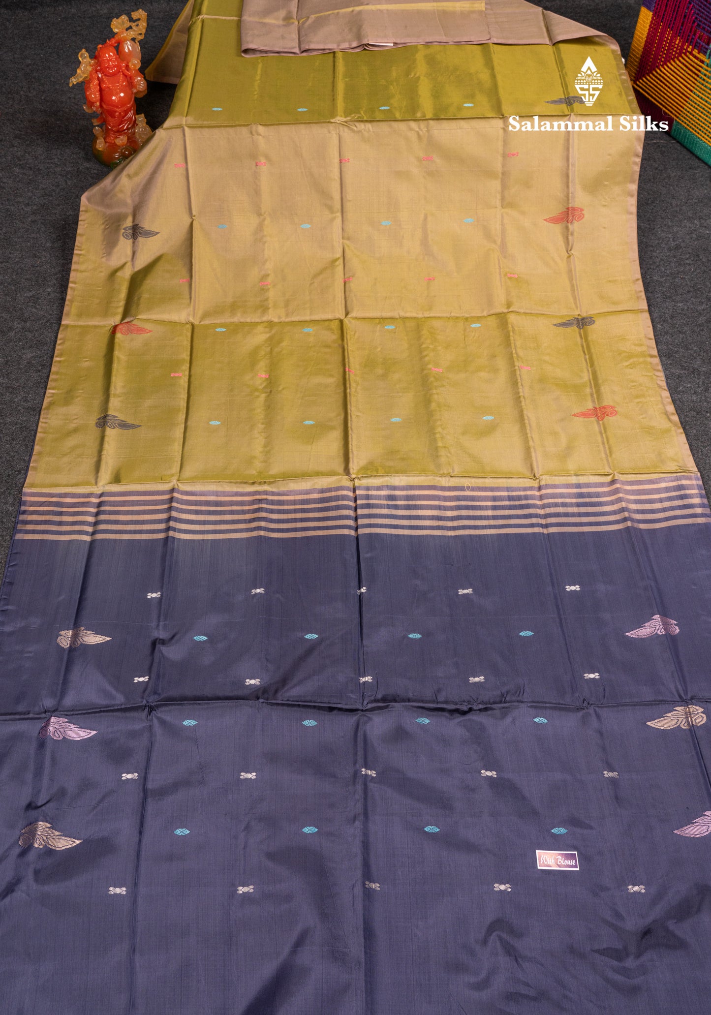 Olive Mustard Yellow Banana Pinth Saree (Vaazhainaar Pattu) With Contrast Navy Blue Blouse