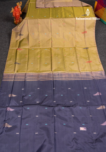 Olive Mustard Yellow Banana Pinth Saree (Vaazhainaar Pattu) With Contrast Navy Blue Blouse