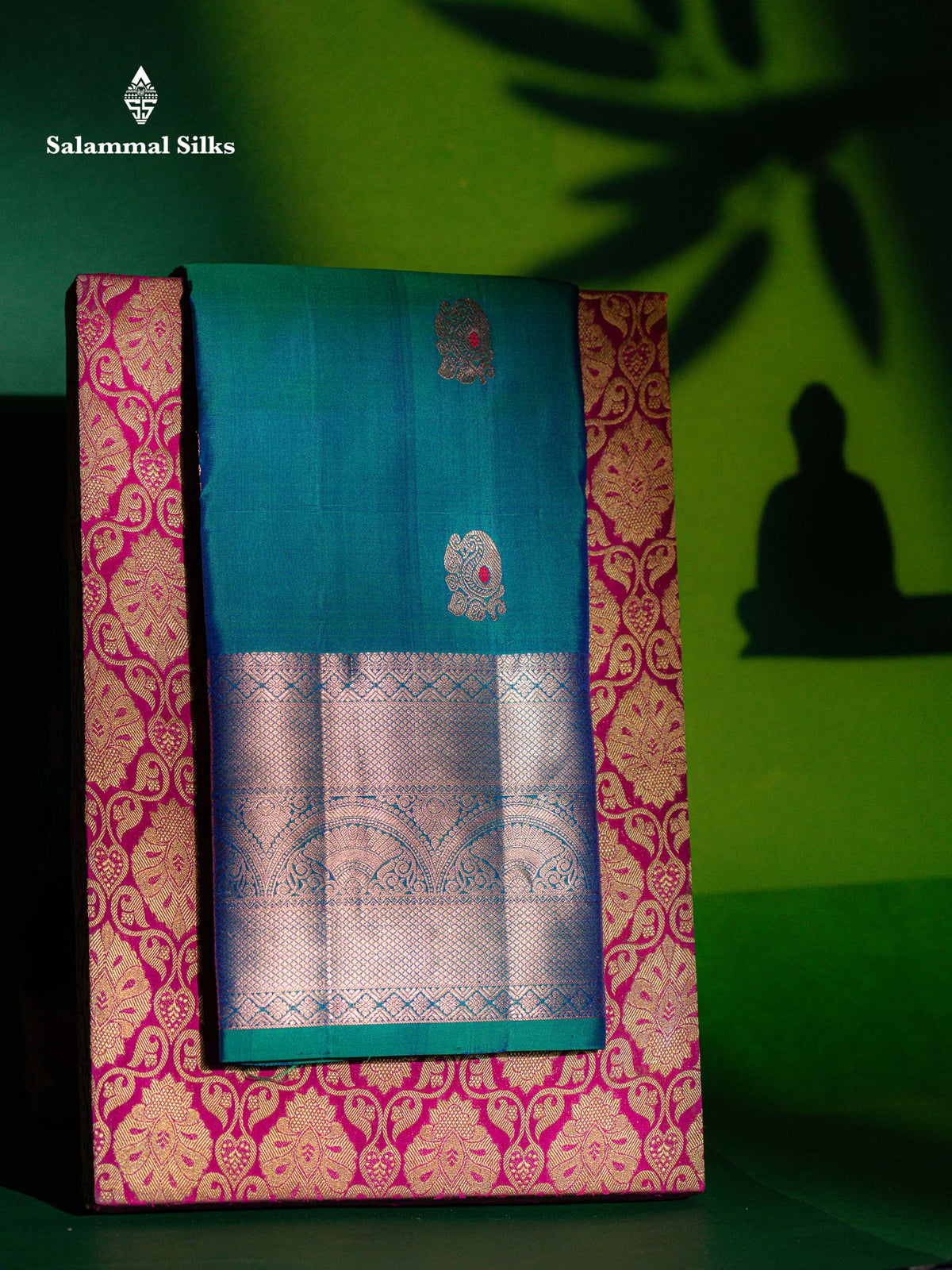 Beautiful Dual Tone Peacock Green Menakri Work Pure Kanjivaram Silk Saree With Traditional Evening Morning Border