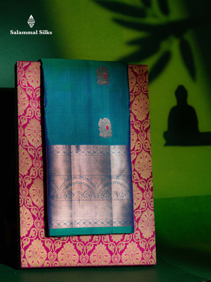 Beautiful Dual Tone Peacock Green Menakri Work Pure Kanjivaram Silk Saree With Traditional Evening Morning Border