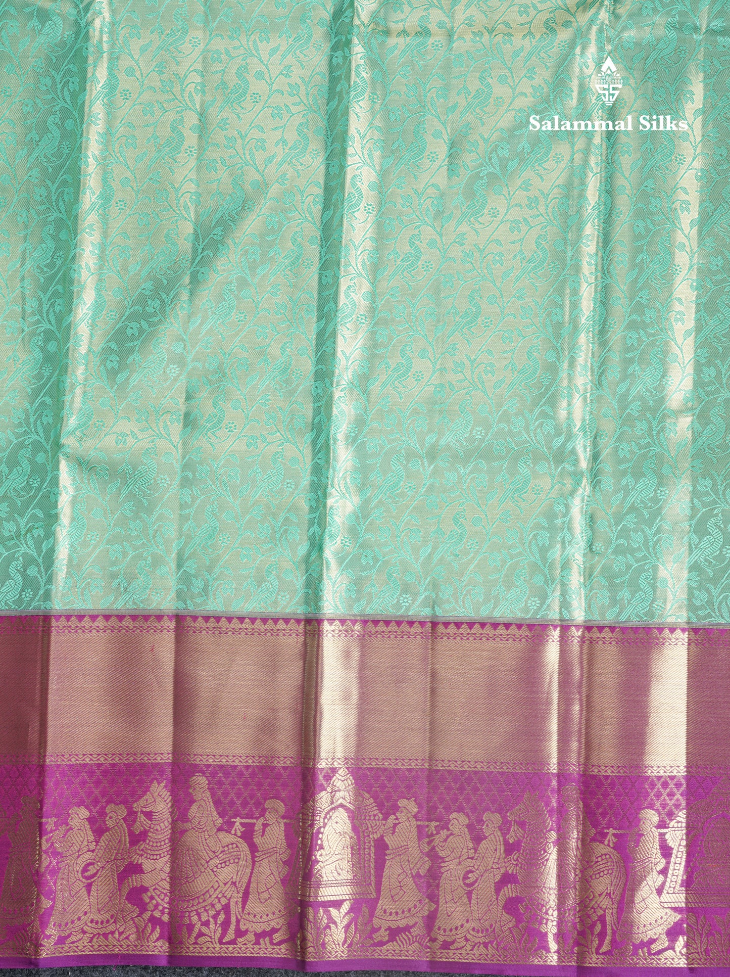 Beautiful Light Green Tissue Bridal Pure Kanjivaram Silk Saree With Contrast Purple Pallaku Border