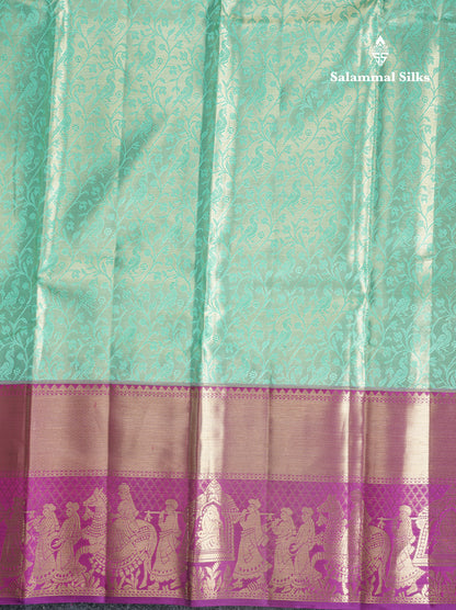 Beautiful Light Green Tissue Bridal Pure Kanjivaram Silk Saree With Contrast Purple Pallaku Border