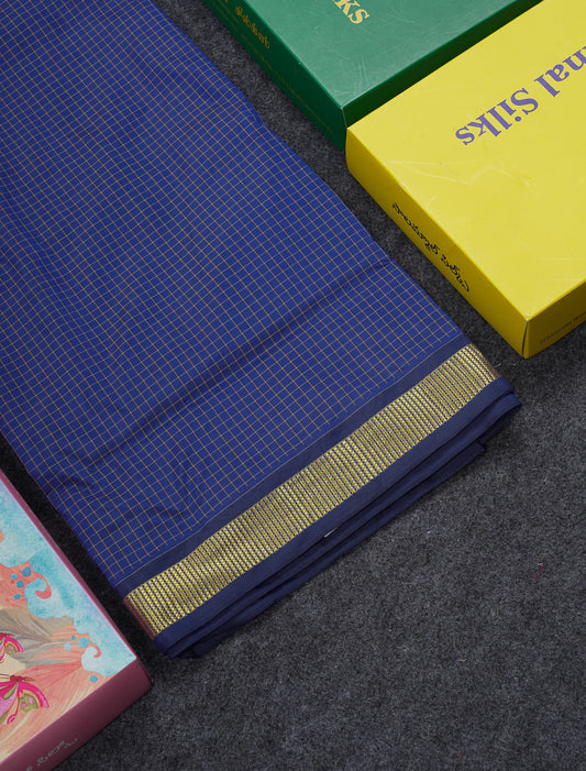 9 Yards Semi Silk Saree Navy Blue Small Checks With Traditional Small Border
