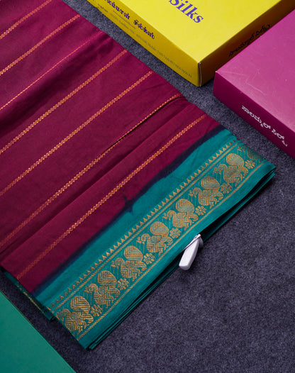 Beautiful Dark Maroon Sungudi Cotton Saree With Contrast Sapphire Green Traditional Border