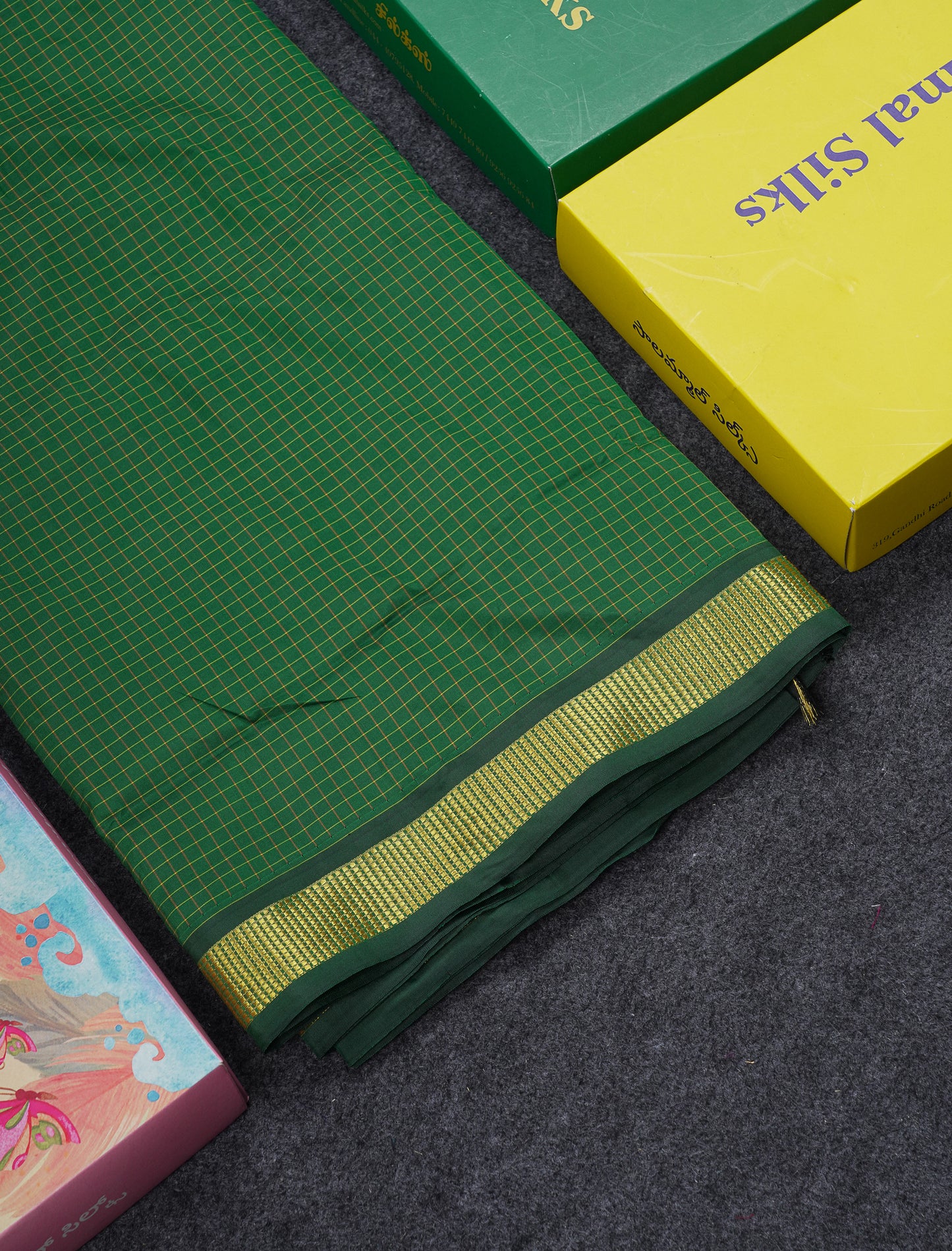 9 Yards Semi Silk Saree Navy Blue Small Checks With Traditional Small Border