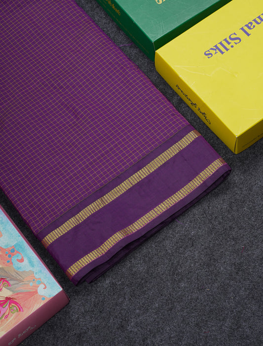 9 Yards Semi Silk Saree Dark Purple Checks With Traditional Gap Border