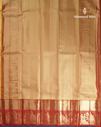 Beautiful Gold Colour Tissue Bridal Pure Kanjivaram Silk Saree With Contrast Reddish Maroon Pallaku Border