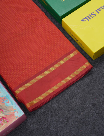 9 Yards Semi Silk Saree Dark Purple Checks With Traditional Gap Border