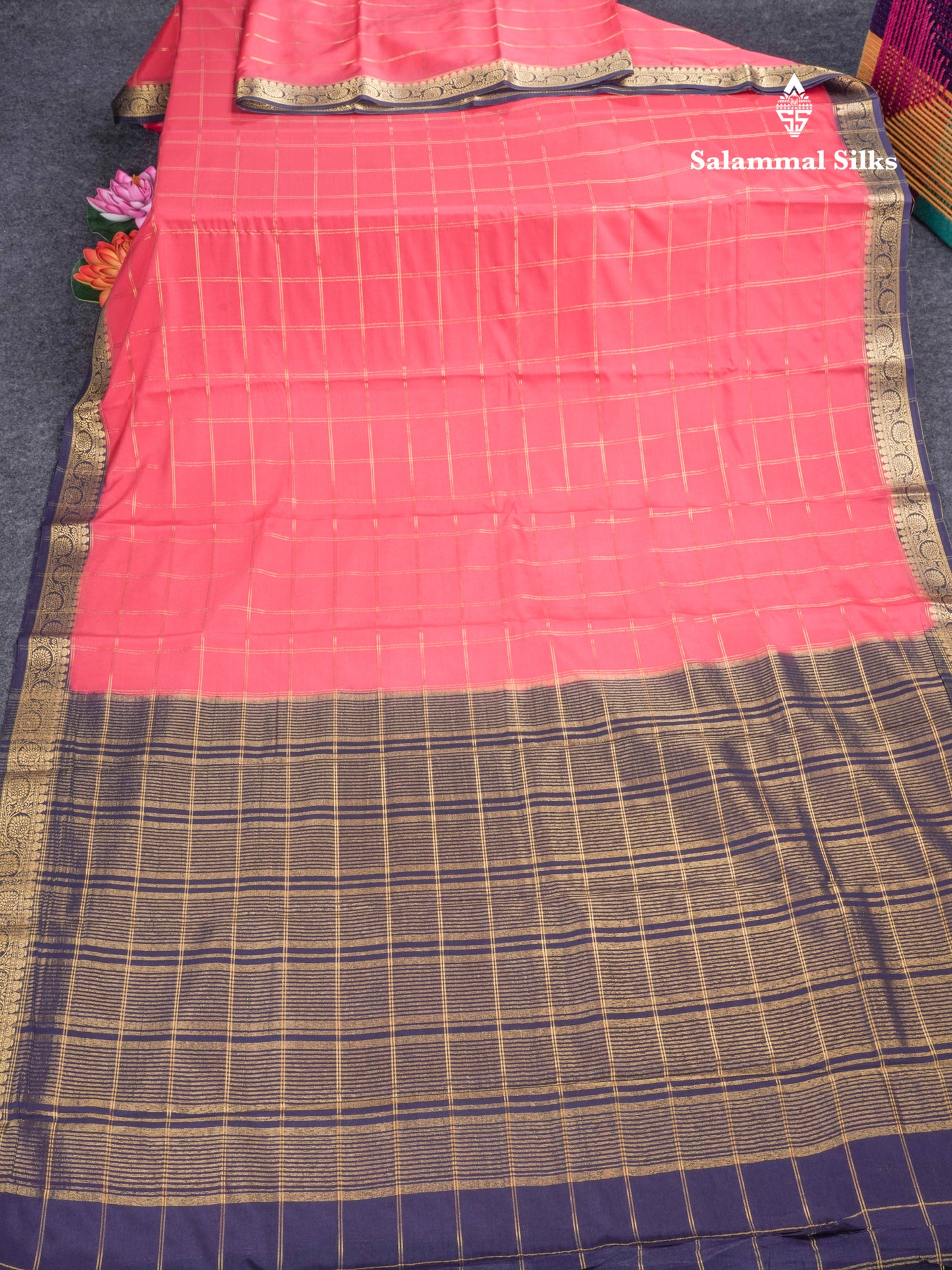 Sapphire Blue Semi Mysore Crepe Saree With Contrast Navy Blue Small Border