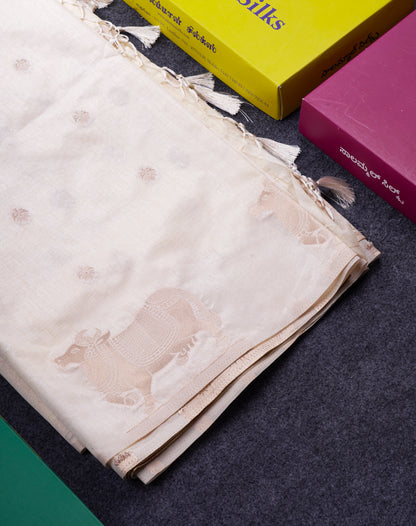 Beautiful Half White Semi Raw Silk Saree With Fancy Komatha Design Border