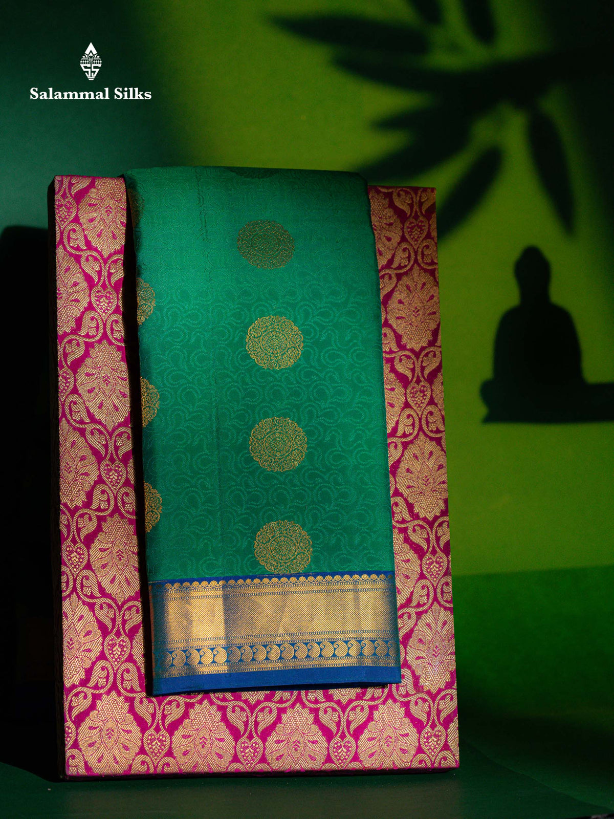 Beautiful Sapphire Green Pure Kanjivaram Silk Saree With Contrast Ramar Blue Traditional Medium Border