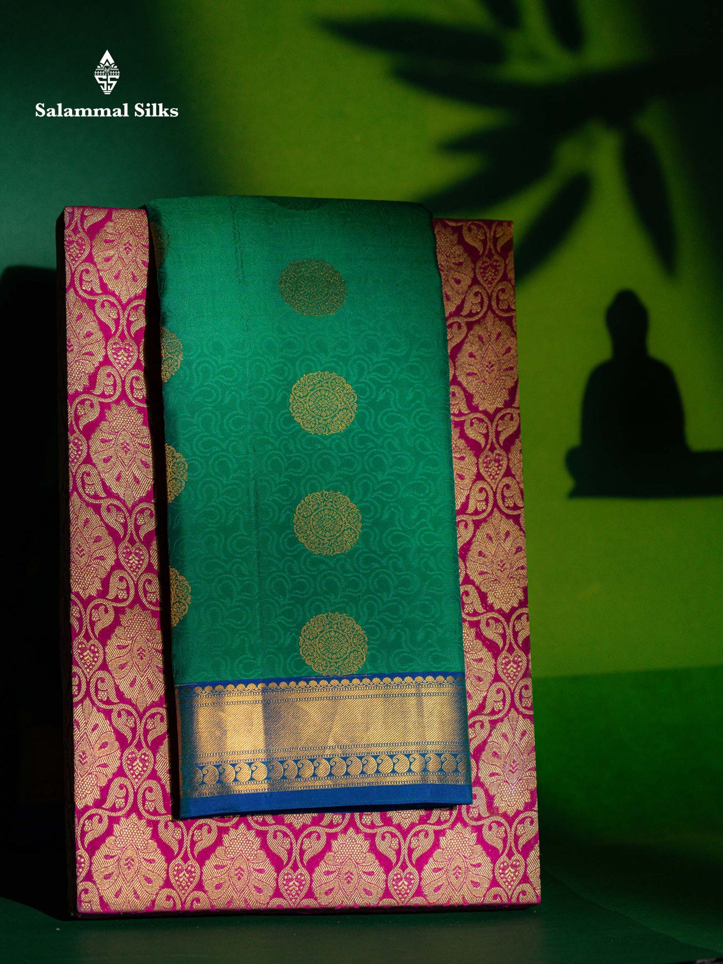 Beautiful Sapphire Green Pure Kanjivaram Silk Saree With Contrast Ramar Blue Traditional Medium Border