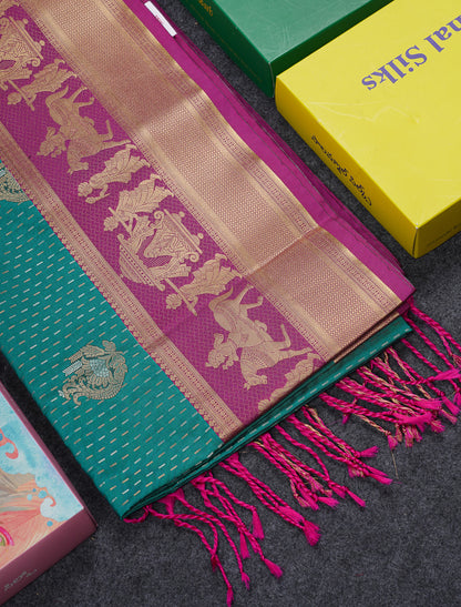 Beautiful Dark Violet Silver & Gold Zari Buttas Semi Silk Saree With Contrast Olive Green Traditional Pallaku Border