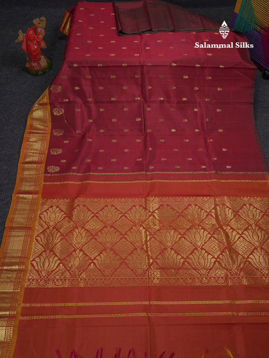 Beautiful Dark Maroon Pure Kanjivaram Silk Saree With Contrast Mustard Yellow Traditional One Side Border