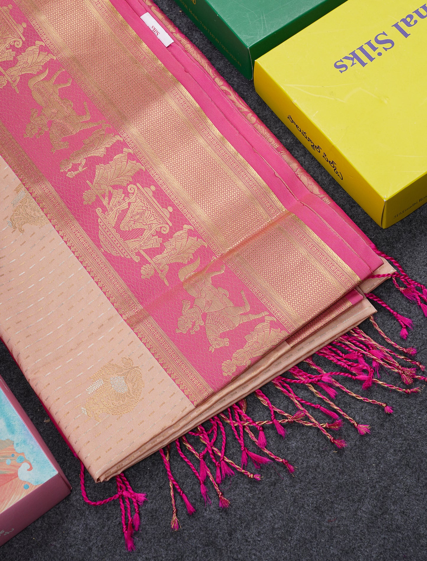 Beautiful Dark Violet Silver & Gold Zari Buttas Semi Silk Saree With Contrast Olive Green Traditional Pallaku Border