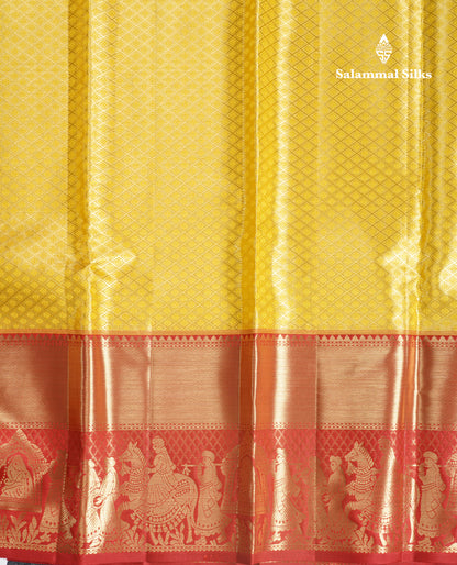 Beautiful Gold Colour Tissue Bridal Pure Kanjivaram Silk Saree With Contrast Reddish Maroon Pallaku Border