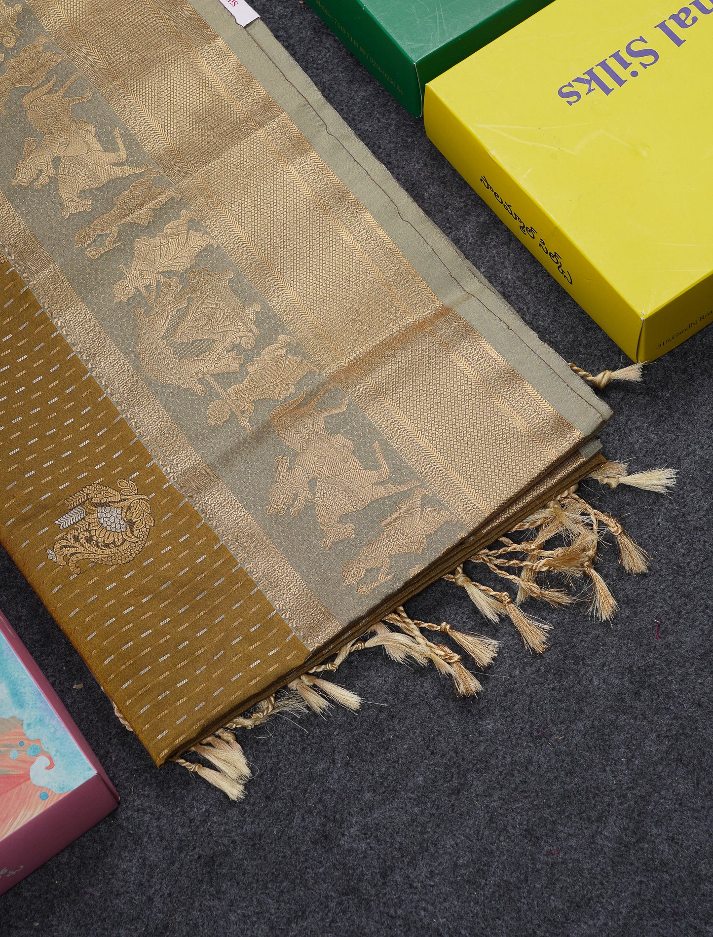 Beautiful Dark Violet Silver & Gold Zari Buttas Semi Silk Saree With Contrast Olive Green Traditional Pallaku Border