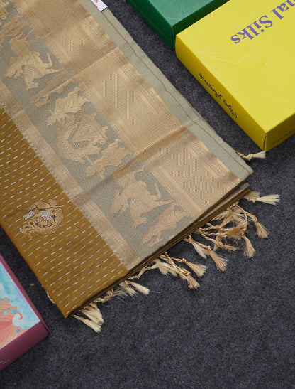 Beautiful Dark Violet Silver & Gold Zari Buttas Semi Silk Saree With Contrast Olive Green Traditional Pallaku Border