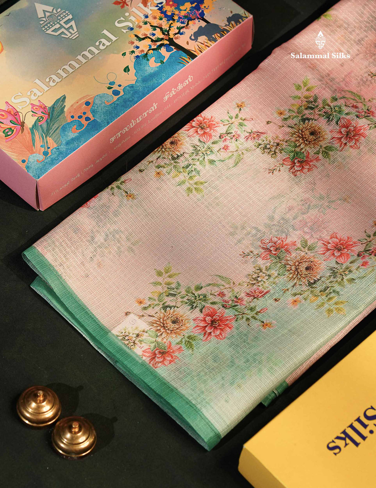 Beautiful Multicolour Floral Design Kota Cotton Mix Fancy Saree With Contrast Bottle Green Blouse