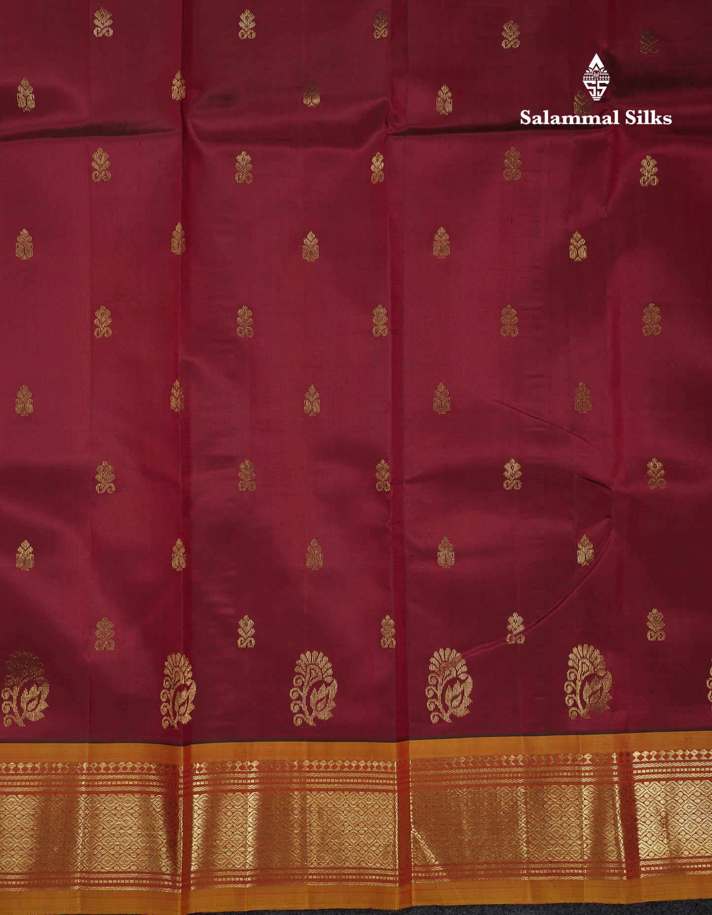 Beautiful Dark Maroon Pure Kanjivaram Silk Saree With Contrast Mustard Yellow Traditional One Side Border