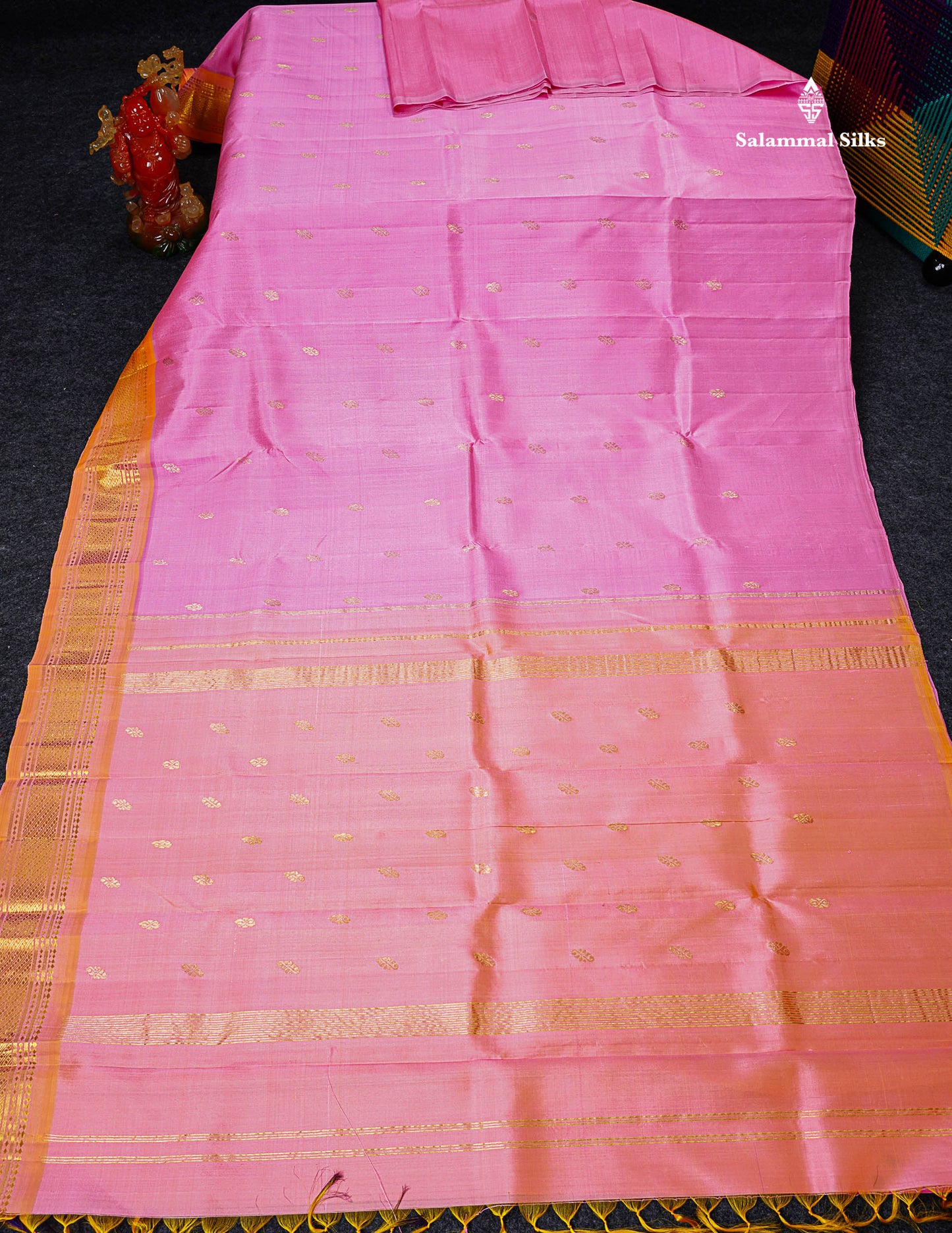 One Side Border Pure Silk Saree - Light Pink With Contrast Orange Traditional Border