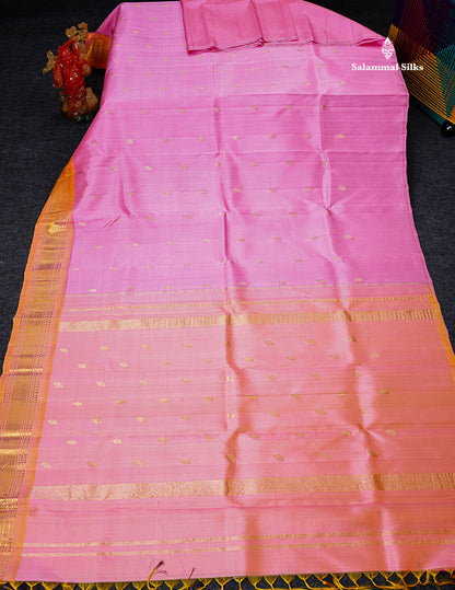One Side Border Pure Silk Saree - Light Pink With Contrast Orange Traditional Border