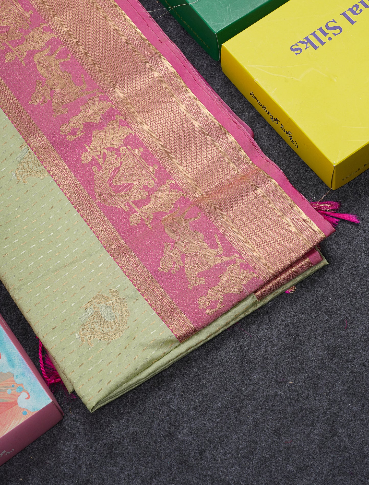 Beautiful Dark Violet Silver & Gold Zari Buttas Semi Silk Saree With Contrast Olive Green Traditional Pallaku Border