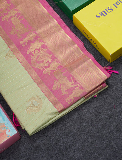 Beautiful Dark Violet Silver & Gold Zari Buttas Semi Silk Saree With Contrast Olive Green Traditional Pallaku Border