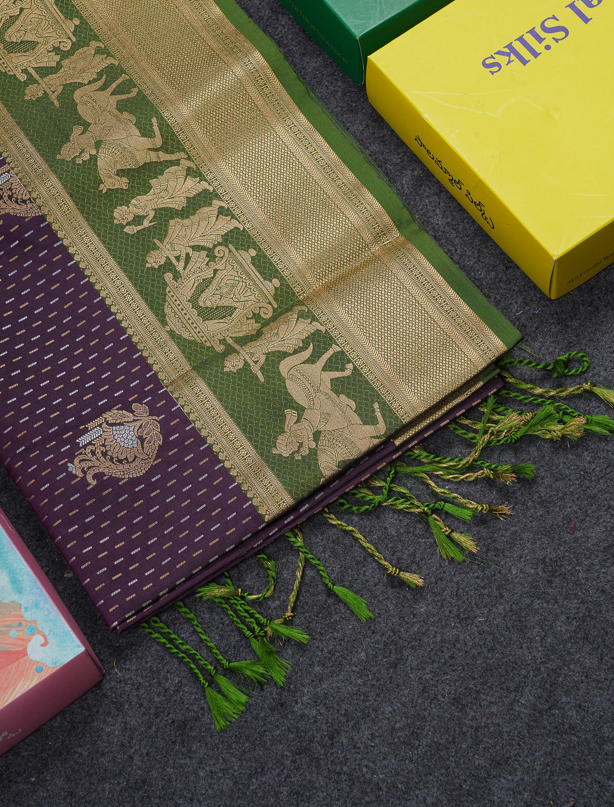 Beautiful Dark Violet Silver & Gold Zari Buttas Semi Silk Saree With Contrast Olive Green Traditional Pallaku Border