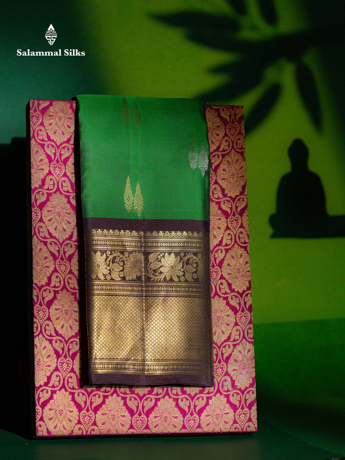 Beautiful Bottle Green Silver & Gold Zari Butta Pure Kanjivaram Silk Saree With Contrast Dark Brown Traditional Evening Morning Border