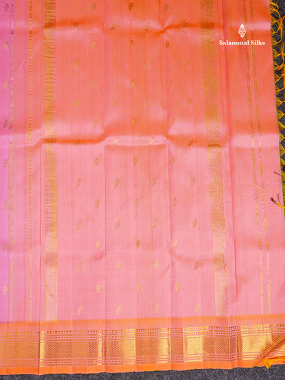 One Side Border Pure Silk Saree - Light Pink With Contrast Orange Traditional Border