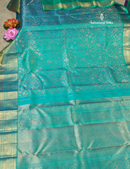 Peacock Blue Pure Kanjivaram Silk Saree (2G) Zari With Traditional Gold Zari Border