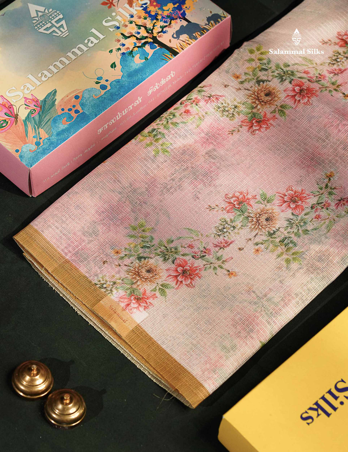Beautiful Multicolour Floral Design Kota Cotton Mix Fancy Saree With Contrast Bottle Green Blouse