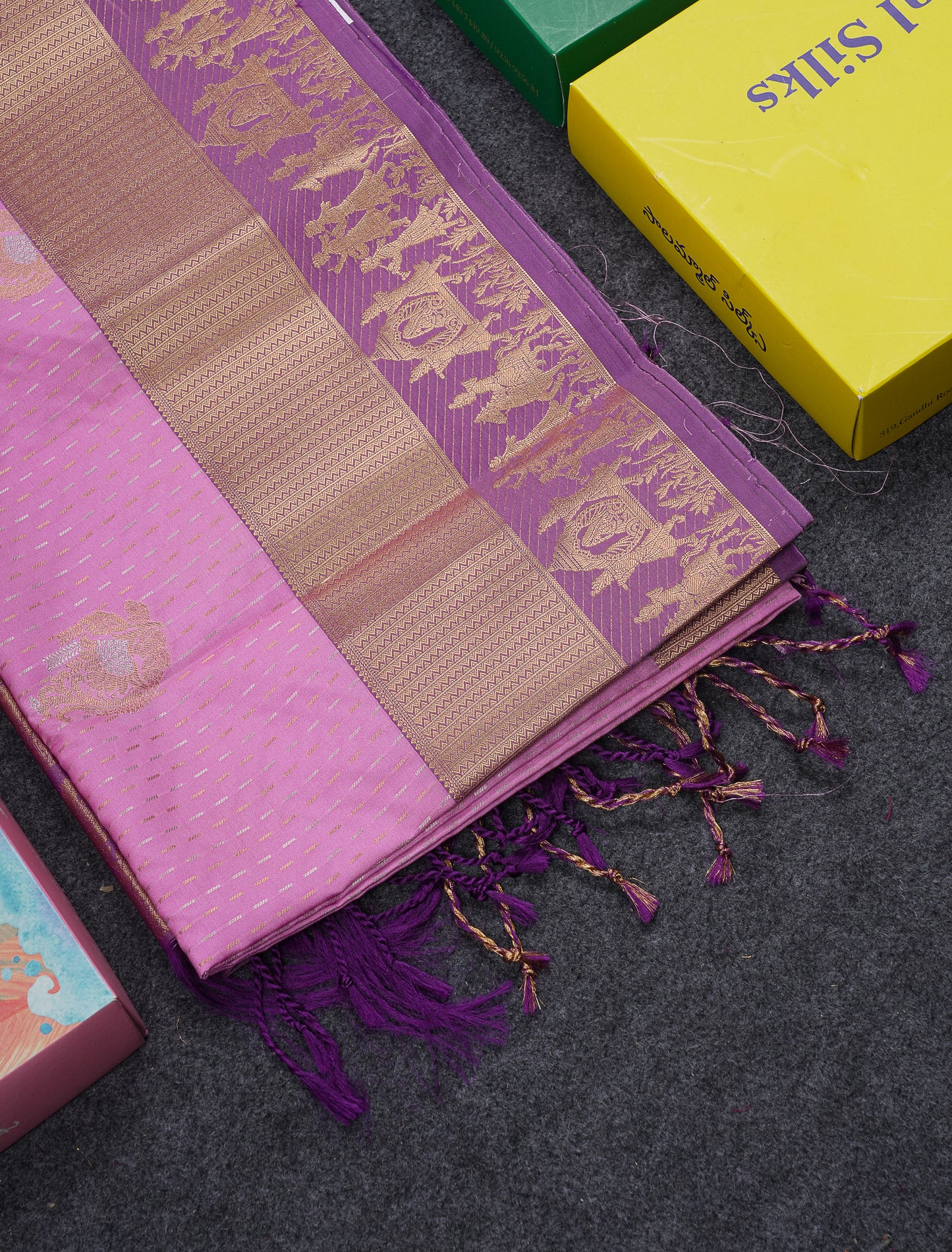 Beautiful Light Pink Silver & Gold Zari Buttas Semi Silk Saree With Contrast Light Violet Traditional Pallaku Border