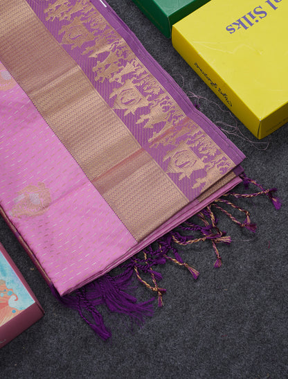 Beautiful Light Pink Silver & Gold Zari Buttas Semi Silk Saree With Contrast Light Violet Traditional Pallaku Border