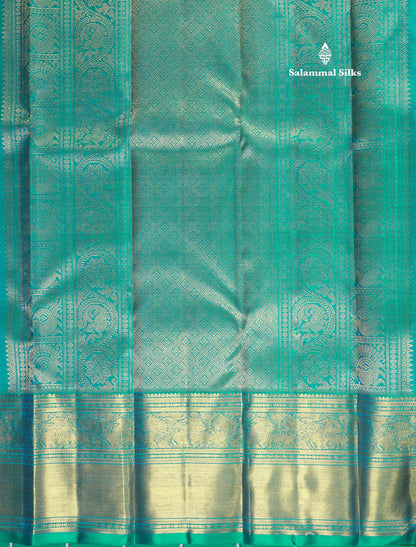 Peacock Blue Pure Kanjivaram Silk Saree (2G) Zari With Traditional Gold Zari Border