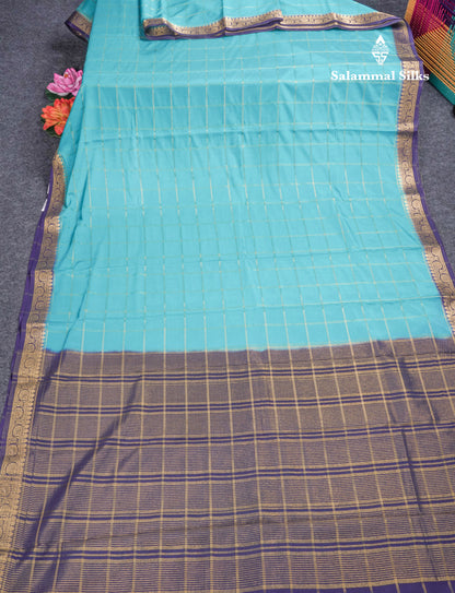 Sapphire Blue Semi Mysore Crepe Saree With Contrast Navy Blue Small Border